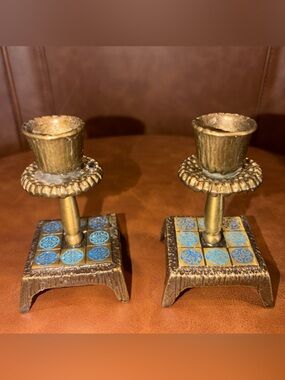 Vintage Brass Candleholders Made In Israel gold blue details